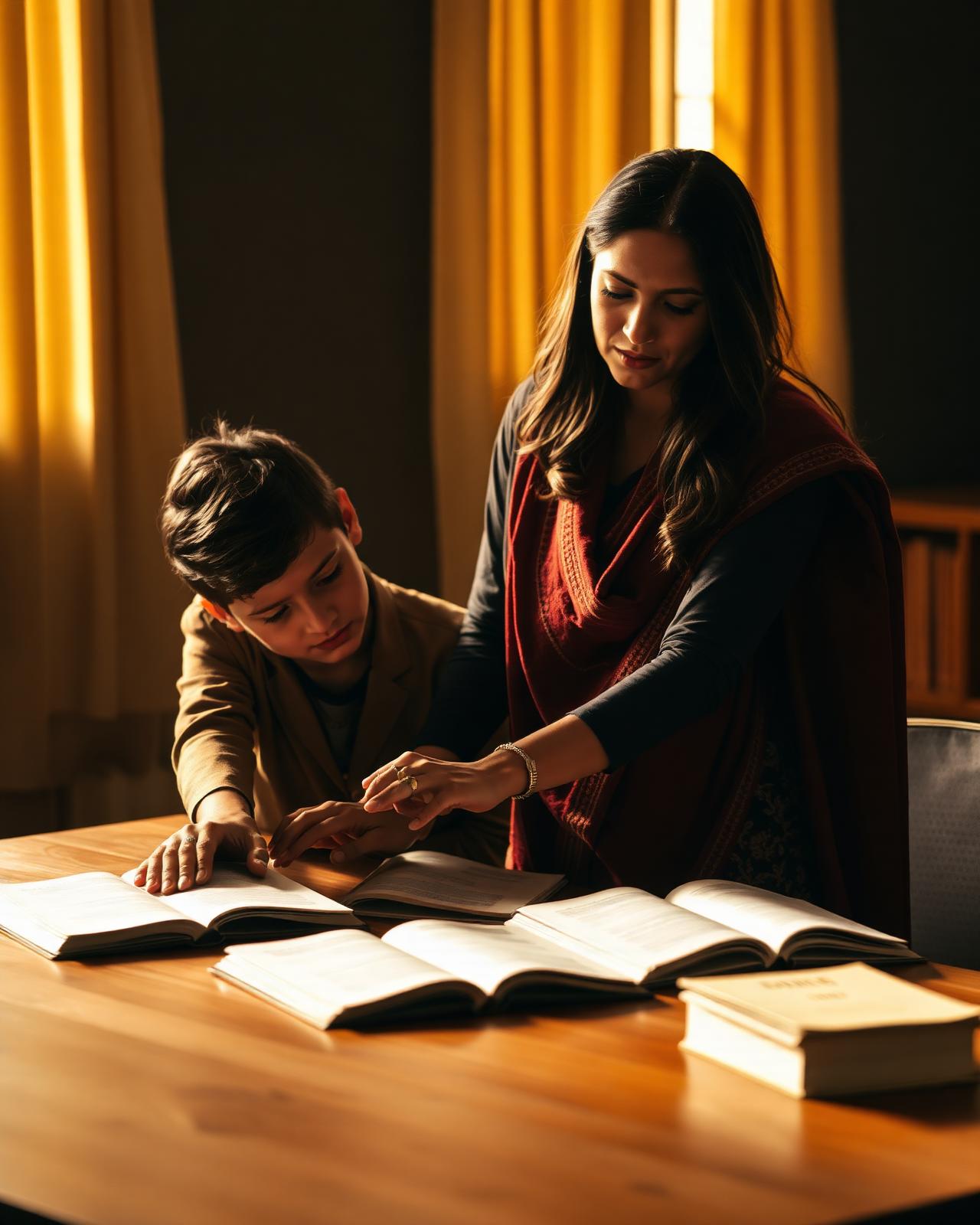 A mentor guiding a student across a table of open books