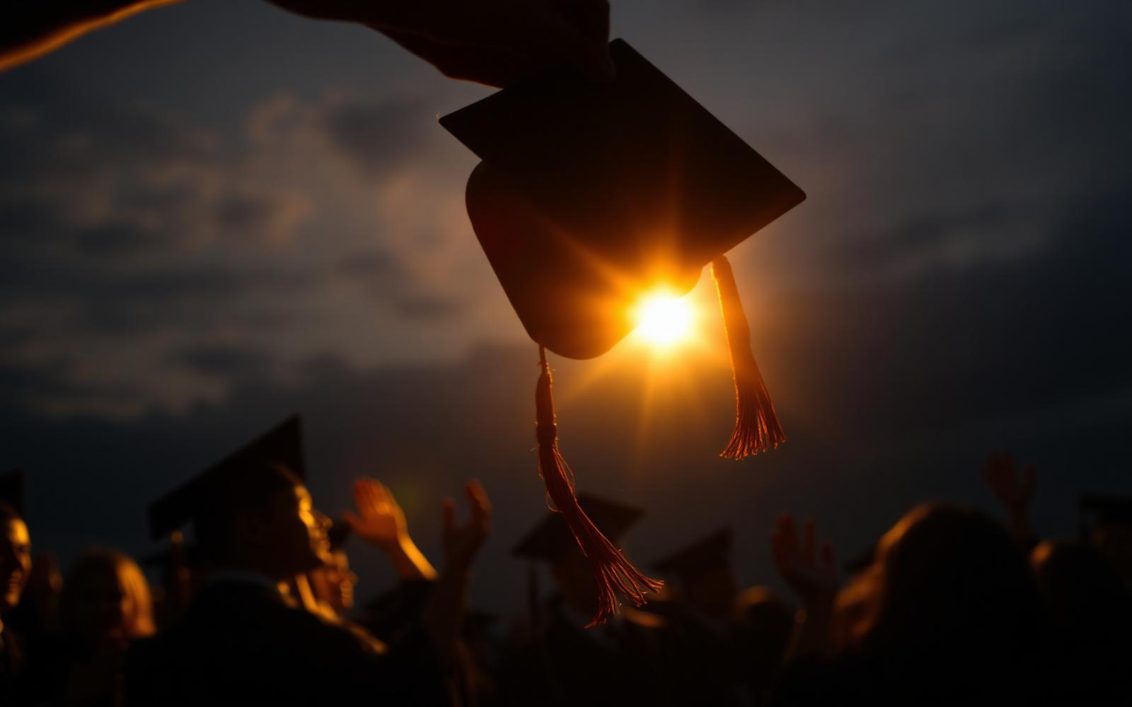 A graduation cap silhouetted against a golden sunset