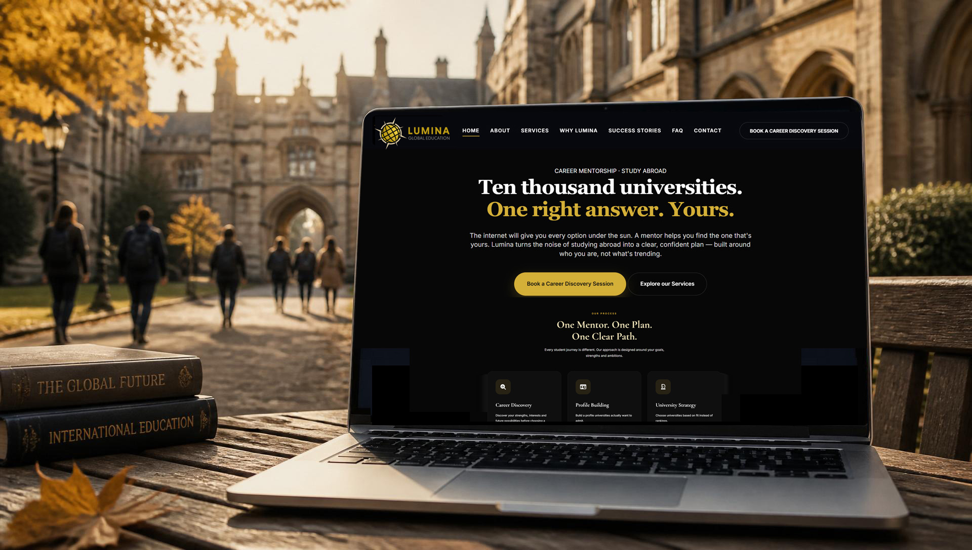 Foreign university campus with a laptop showing the Lumina homepage