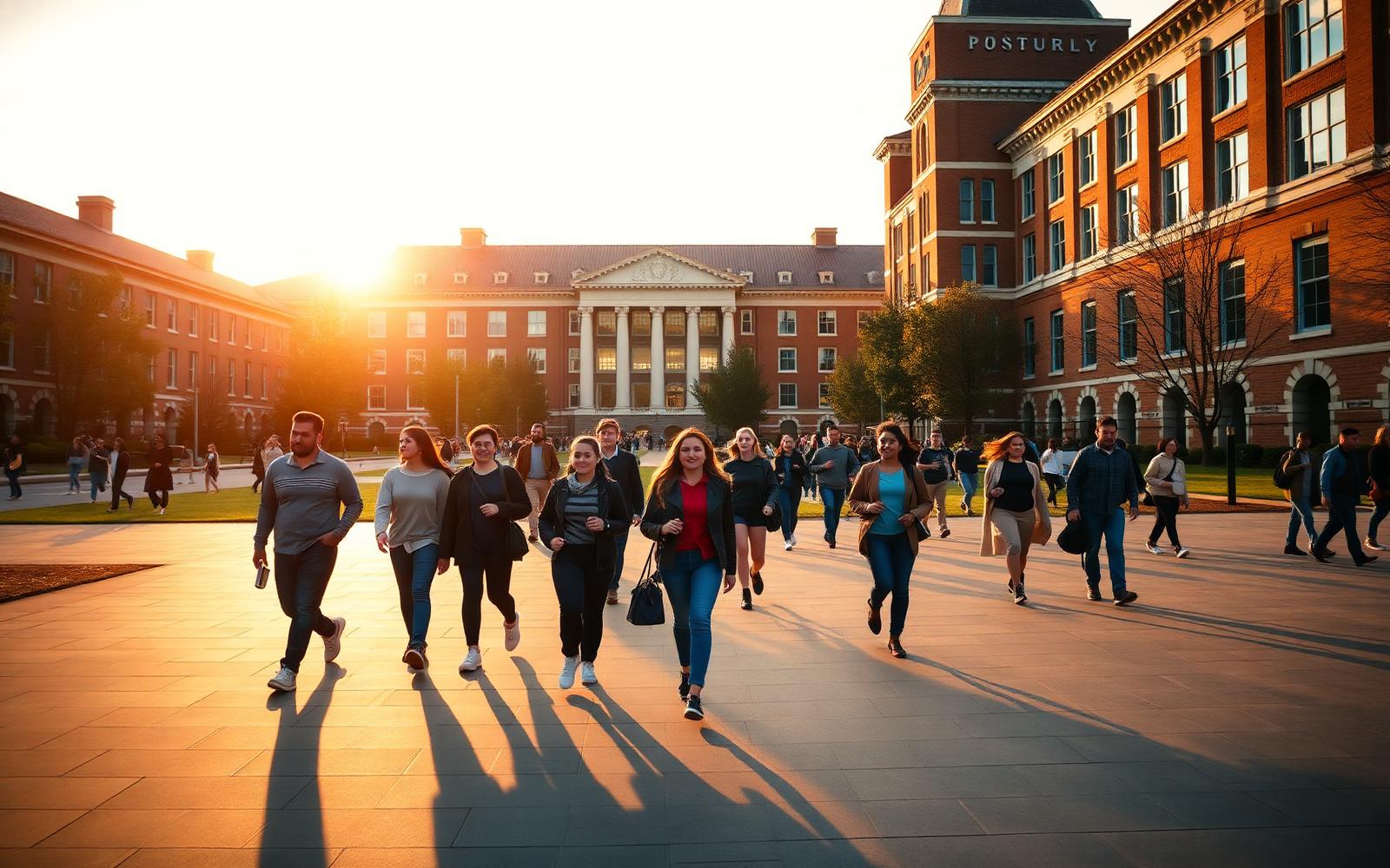 Students walking across a university campus at golden hour