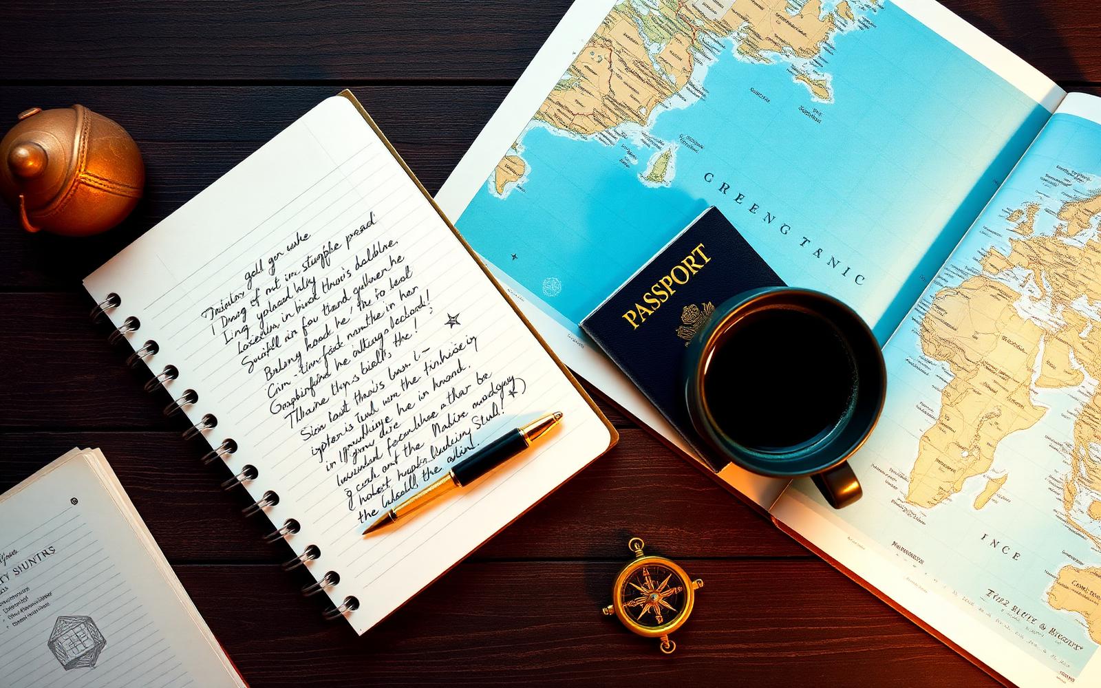 Study abroad planning desk with map, passport, and compass